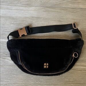 Sweaty Betty Black Faux Fur Belt Bag with Rose Gold Accents